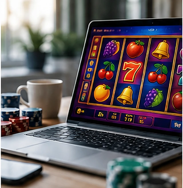 Laptop displaying online slot reels on a neutral home desk