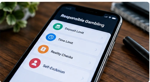 Smartphone account controls for deposit limits, playing-time limits, reality checks and self-exclusion.