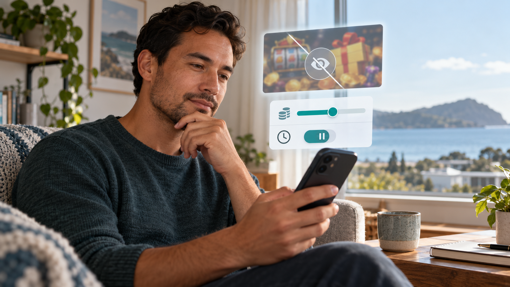 Adult reviewing and muting a casino promotion while setting a spending limit and taking a break