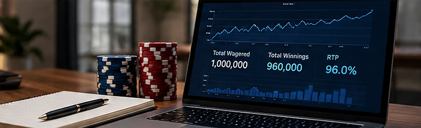 Laptop showing a long-run RTP example based on one million in wagers and 960,000 in winnings