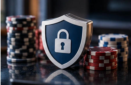 A physical security shield in front of casino chips represents barriers to accessing gambling.