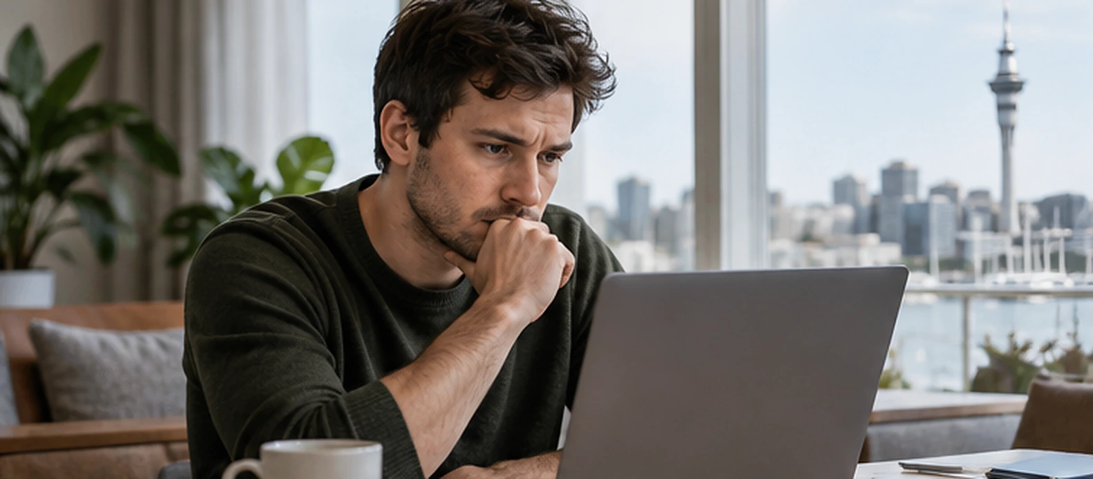 A New Zealand adult considering self-exclusion while using a laptop at home, with Auckland outside the window