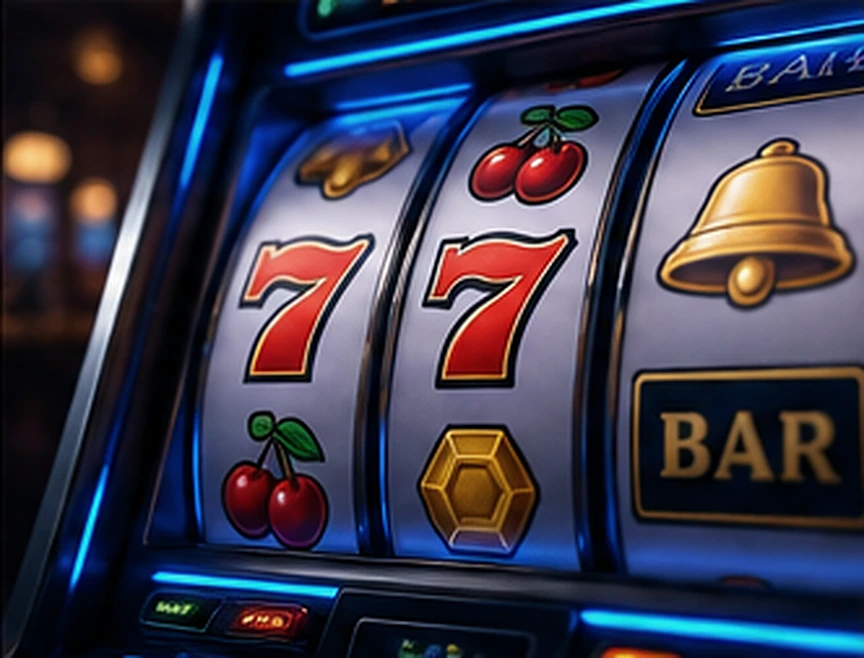 Close-up of classic slot reels with sevens, cherries and a bell symbol