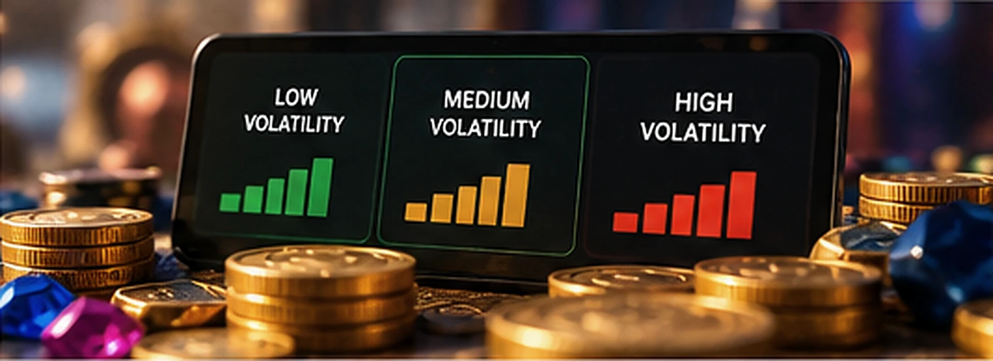 Casino display comparing low, medium and high slot volatility beside chips and game imagery