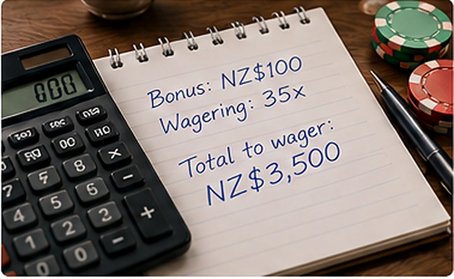 Calculator, handwritten bonus wagering example in New Zealand dollars and casino chips on a wooden desktop.