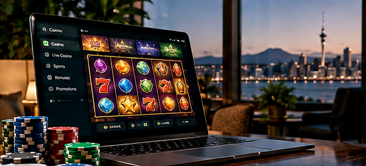 Laptop showing an illustrative online pokies casino beside poker chips, with Auckland city skyline beyond the window.