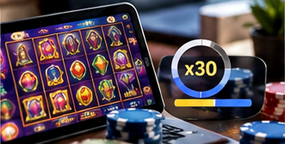 Online slot reels and an illustrative wagering multiplier tracker with poker chips.