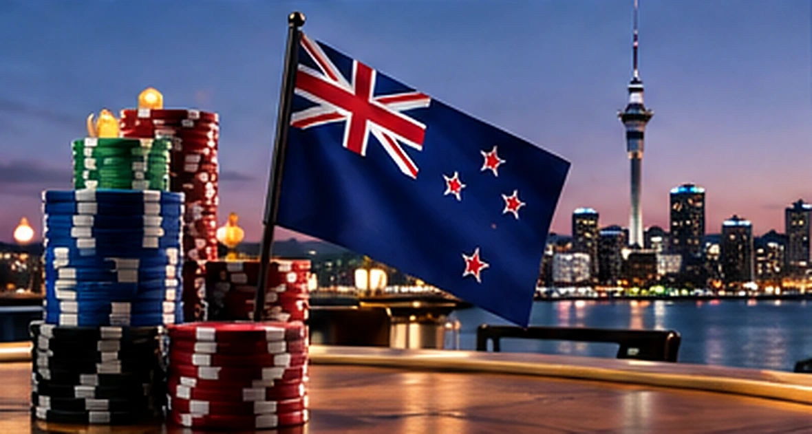 New Zealand flag and casino chips overlooking Auckland Harbour and the Sky Tower.
