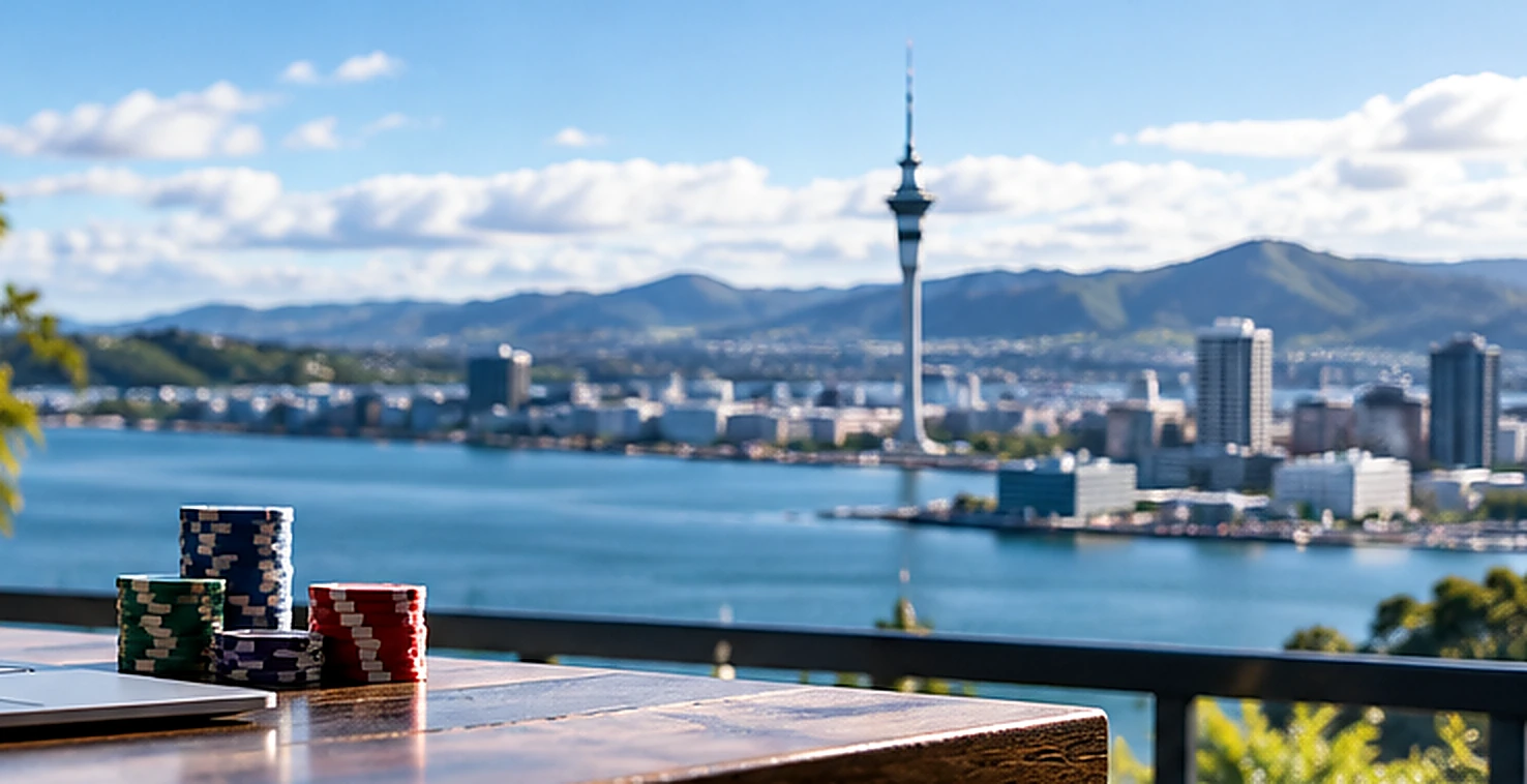 Casino chips on a wooden table overlooking Auckland harbour in daylight